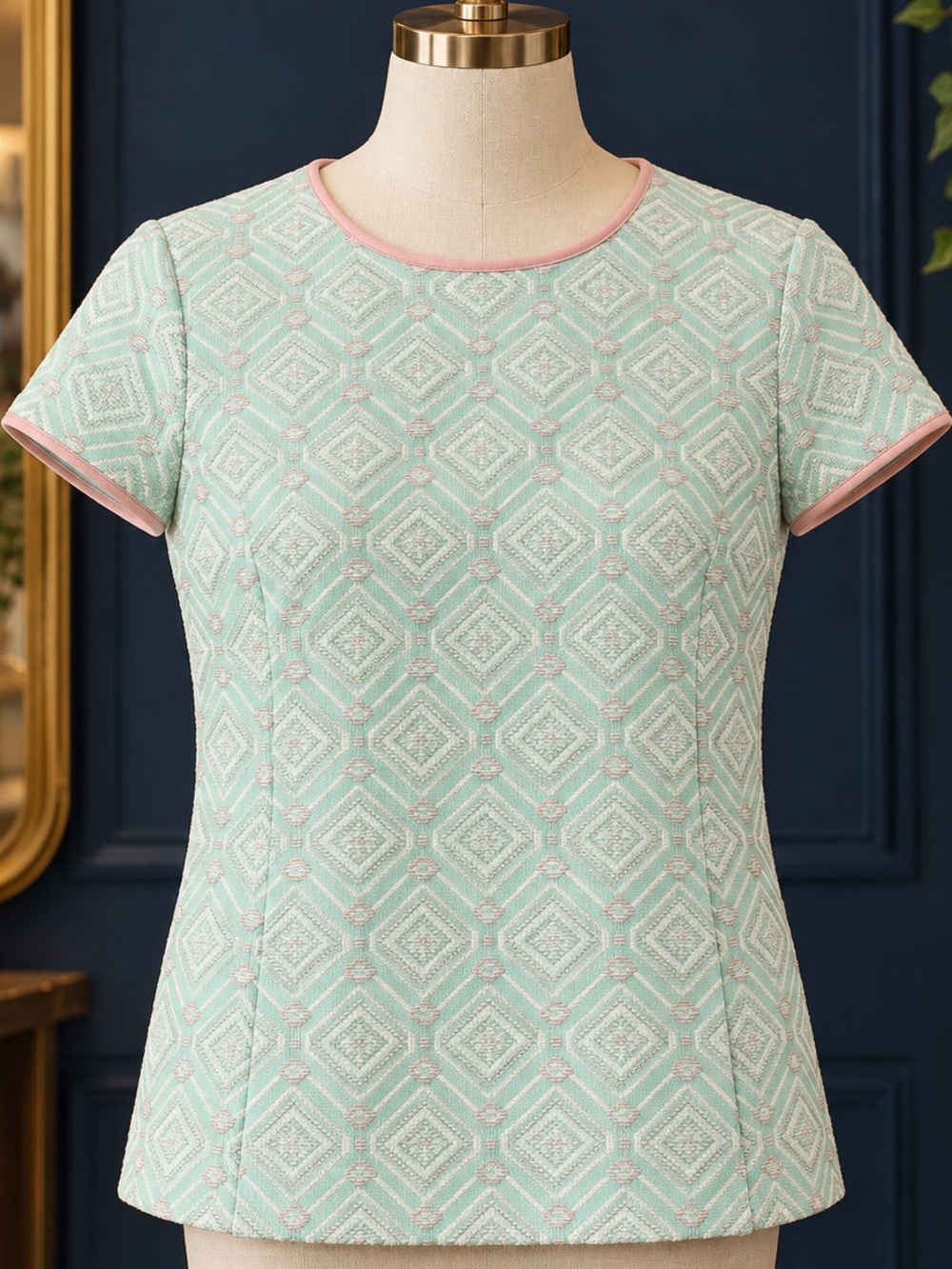 STS Sail to Sable Mint Geometric Short-Sleeve Top with Pink Trim NWT